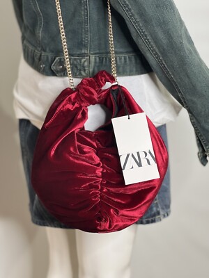 Zara Crossdody Bag Red Velvet Fabric Handle Tie Knot Round