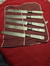  Dinner Knifes (5) 1855 Antique Pearl Handled Meriden Cutlery Co. Sterling Bands