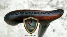 Solid Woodden Curved Walking Stick Handmade Designer Handle Half Leather Cane