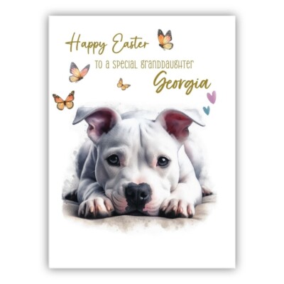 Personalisierte Staff Terrier Osterkarte. Hundeliebhaber Osterkarte. Frohe Ostern