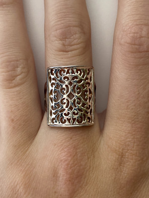 Marvelous Silver Rectangle Stainless Steel Ring with Swirl Pattern Size 7