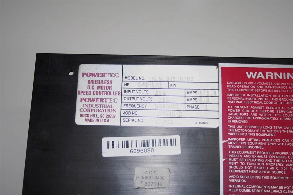 * POWERTEC C0.5.3R1CH00 BRUSHLESS DC MOTOR SPEED CONTROLLER 1/4-1/2 HP - Image 3 of 3