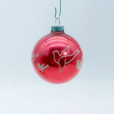 Set of 2 Vintage Shiny Brite Red Stenciled Bird Round Christmas Ornaments