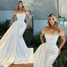 Elegant Satin Mermaid Wedding Dresses Illusion Pearls Off Shoulder Bridal Gown