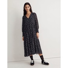 MADEWELL Georgette V-Neck Tiered Midi Dress Enchanted Floral Black Purple {S49}