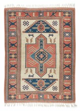 6x8 Ft Vintage Hand-Knotted Turkish Geometric Wool Rug in Coral, Ivory and Blue