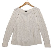 Talbots Cable Knit Sweater Women L White Ivory Button Shoulder Long Sleeve