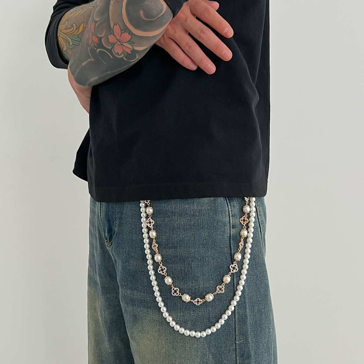 Mens Cleanfit Pearl Beaded Wallet Chain Keychain Jeans Pants Chain