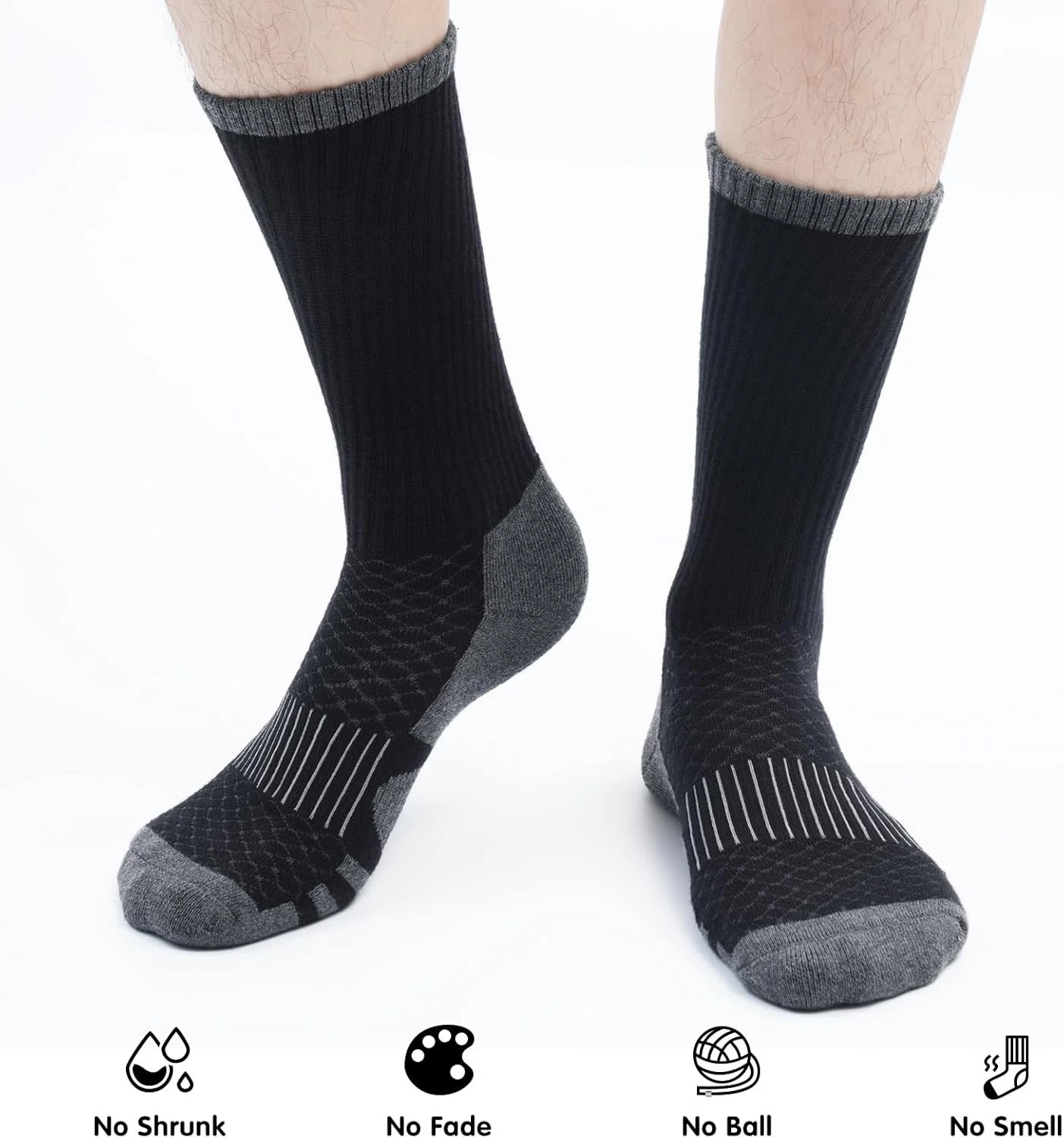 5 Pairs Mens Black Cotton Cushioned Crew Athletic Boot Work Socks Medium-Large