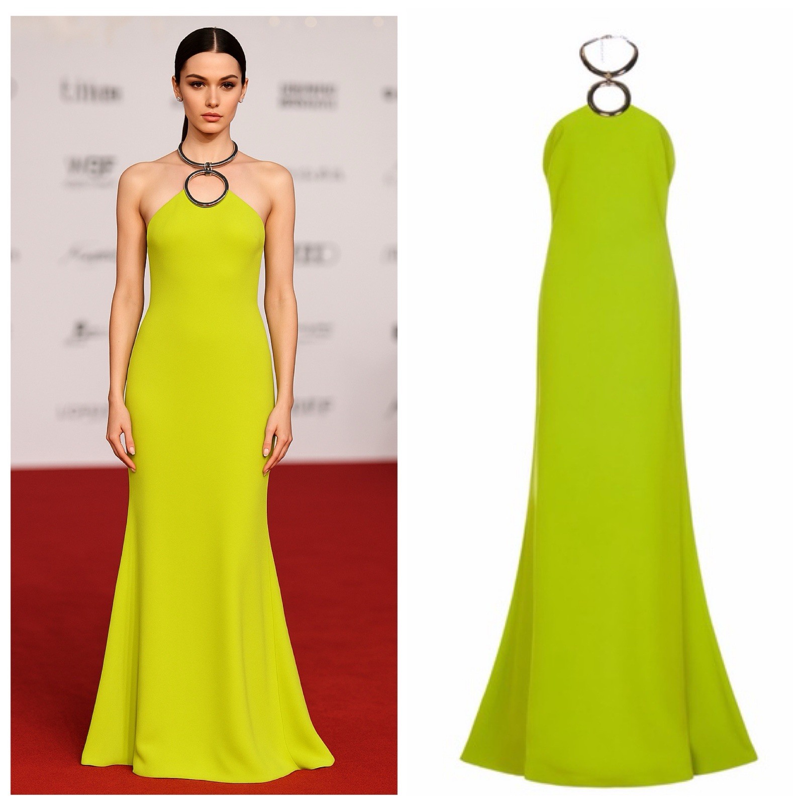 ELIE SAAB Maxi Gown Dress Green Crepe Ring Hardware Silk Formal FR38 US6 NWT 🟡 image 2