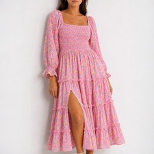LoveShackFancy Capri Dress M Pink Floral Smocked Tiered Milkmaid Cottagecore