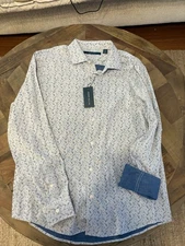 Perry Ellis Men's  White and Blue Long Rolled-Sleeve Sz L Casual Untucked Shirt