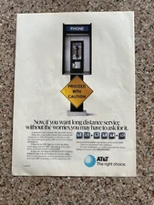 1989 VINTAGE 8X11 PRINT Ad AT&T LONG DISTANCE "PROCEED CAUTION" PUBLIC PAY PHONE