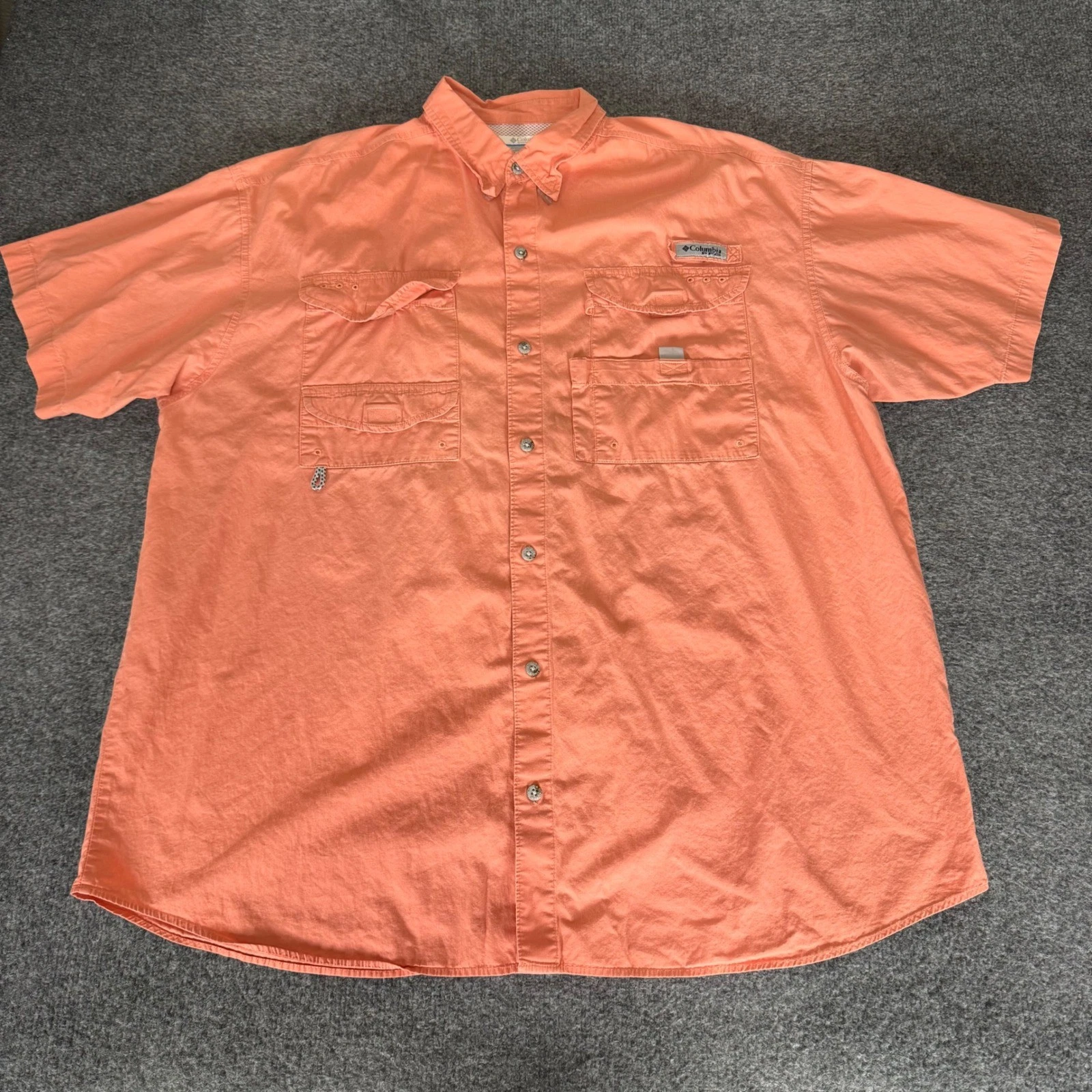 Columbia PFG Mens XL Short Sleeve Button Down Fishing Shirt Coral Orange Cotton