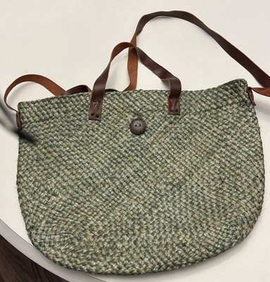 Esprit Green Woven Straw Tote Bag with Leather Straps and Button Closure