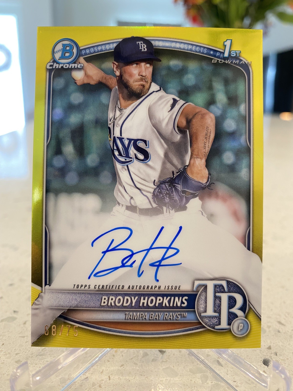 2025 Bowman Chrome BRODY HOPKINS 1ST Yellow Refractor  RAYS AUTO /75 Rookie Rc