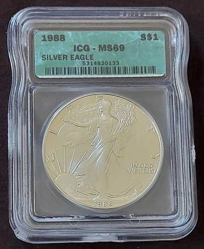 1988 $1 AMERICAN SILVER EAGLE MS69 ICG GREEN LABEL