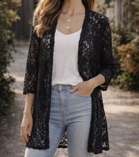 Kimono Cardigan Women s L Floral Sheer Black Lace Open Front -Soft Goth- Boho