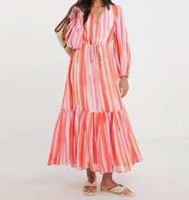 JD WILLIAMS CORAL STRIPE PRINTED CHIFFON MAXI DRESS SIZE 22 (ref 108)