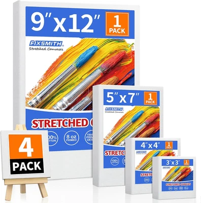 AUTOMAN PRO FIXSMITH Stretched Canvas for Painting 4 Pack, Pre-Primed Canvas Boards for Oil