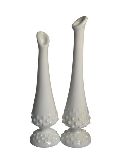 VTG Lot 2 Fenton White Milk Glass Hobnail Footed Tear Drop Bud Vase Home Decor