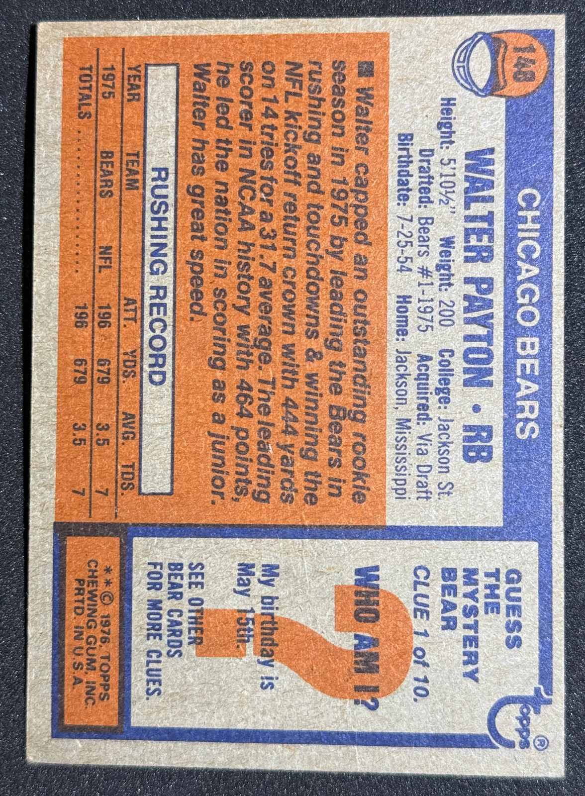 1976 Topps #148 Walter Payton Rookie Vintage HOF RC Football Card (PSA 6/7 Ca... view 3