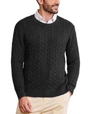Mens Crew Neck Sweater Pullover Pure Cotton Cable Knit Long Large Charcoal