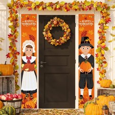 "Thanksgiving Decorations Pilgrim Boy and Girl Front Porch Door Sign, Happy Th..