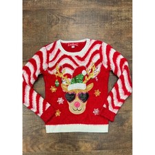 33 Degrees Girls Reindeer Ugly Christmas Sweater Red White Sequin Heart L 14