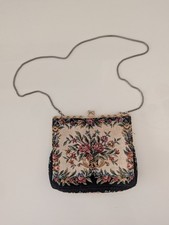 Vintage Floral Tapestry Victorian Purse Clutch Bag Gold Chain Hong Kong Clasp