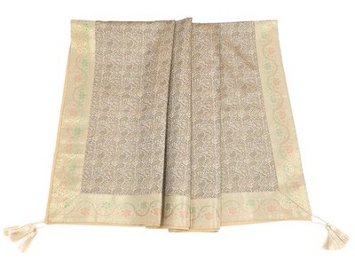 48''Square Banarasi Dining Table Top Cover Beige Indian Silk Woven Paisley Cloth