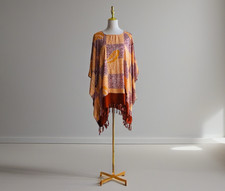 0011/ Brown Orange color Poncho with fringed, Loose Top
