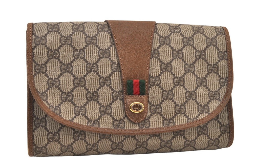 Authentic GUCCI Web Sherry Line Clutch Hand Bag Purse GG PVC Leather Brown 6899L