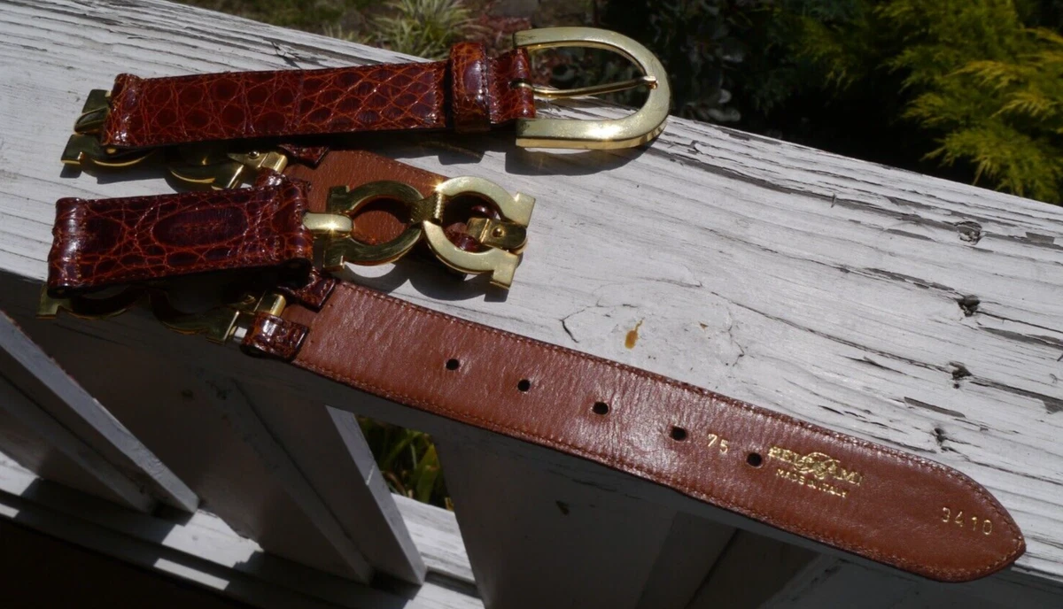 Beltrami Luxury Real Crocodile & Brass Belt Sz 75 Italy / US 30” Brown 3410 Skinny Brown Leather Croc Belt with Gold Buckle | BRAHMIN main image 4
