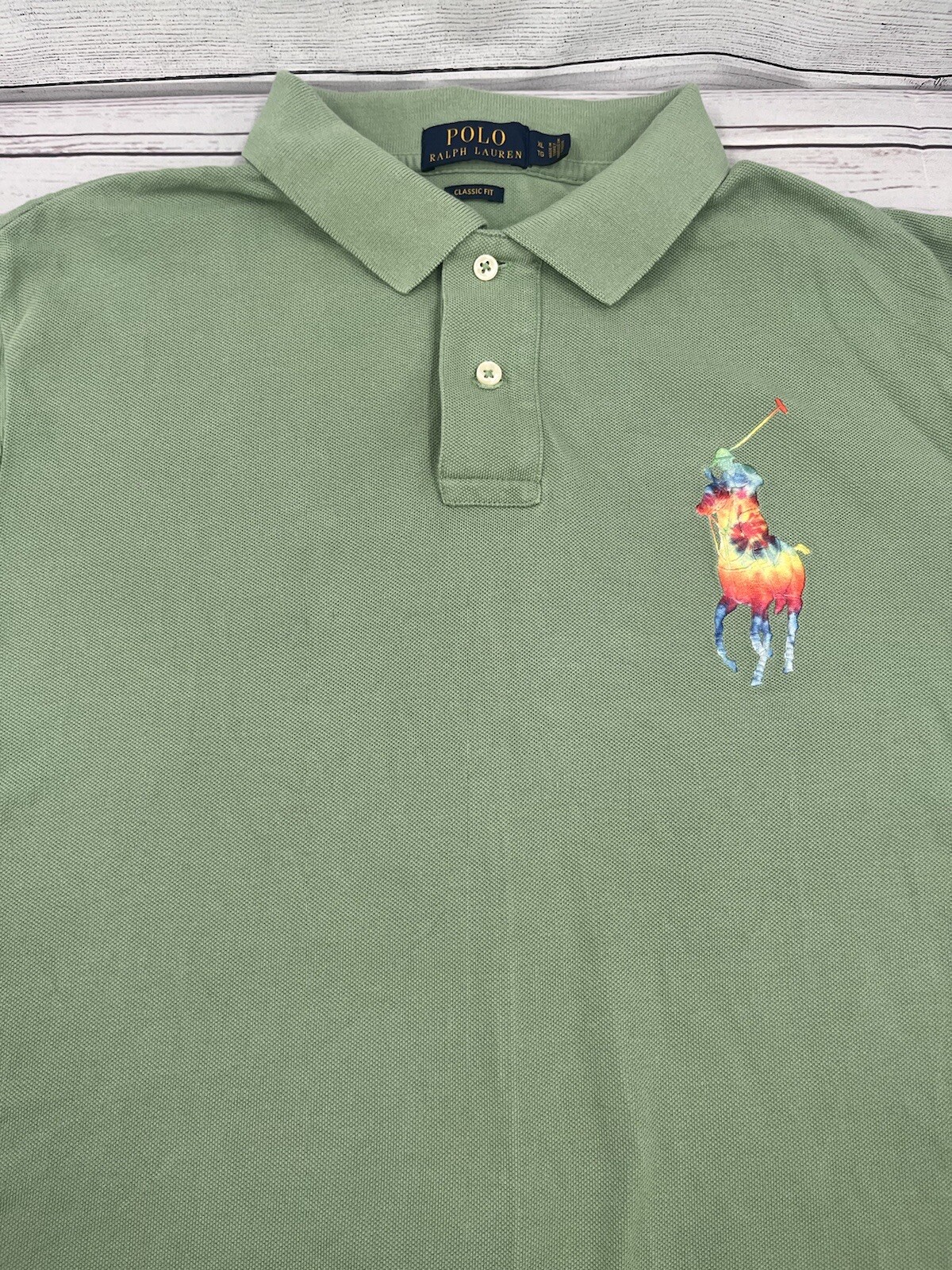 Polo Ralph Lauren da uomo XL Classic Fit Camicia verde con cravatta tinta grande pony