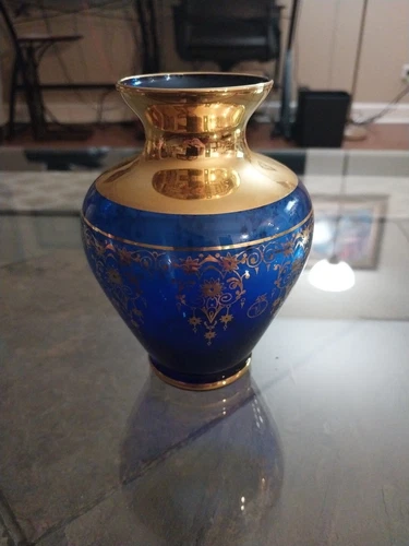 Vintage Vecchia Murano Glass Vase w 24K Gold Trim Cobalt Blue Collectible