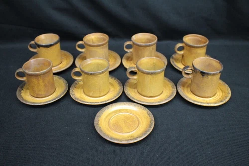 8 Vintage McCoy Pottery Canyon Mesa Brown #1413 Flat Cup & Saucer Sets USA; Mint