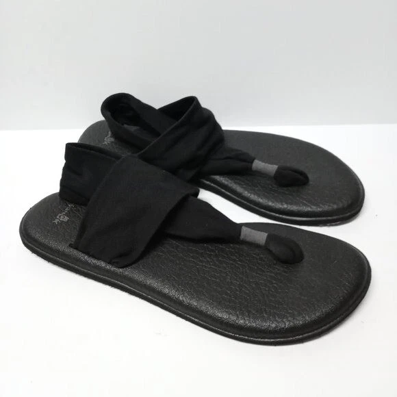 Sanuk Yoga Sling Sandals Size 9 Women's Solid Black Strappy Flip Flop Used