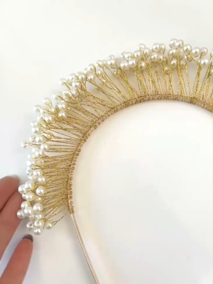 Gold and pearl halo hairpiece The Scottie - Oversized Modern Pearl Wedding Halo Headpiece  main image 3