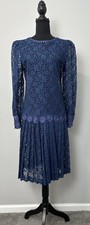 Antique 1920s Day Dress S Blue Sheer Lace Drop Waist Flapper Roaring Gatsby Vtg