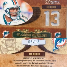 2007 Donruss Classics Singles #CS-16 Dan Marino /13 Game Used Jersey Relic HOF
