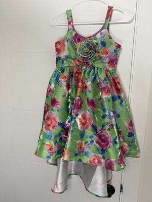 Green Multicolor Floral Hi-Low Satin Dress Sleeveless Bow Flower Accent