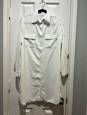 Women s White Button Front Shirt Dress Long Sleeve Utility Tunic Dress Size S