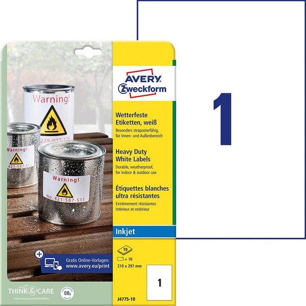 Avery Zweckform Wetterfeste Folienetiketten J4775-10 Weiß 210,0 X 297,0 Mm,...-image