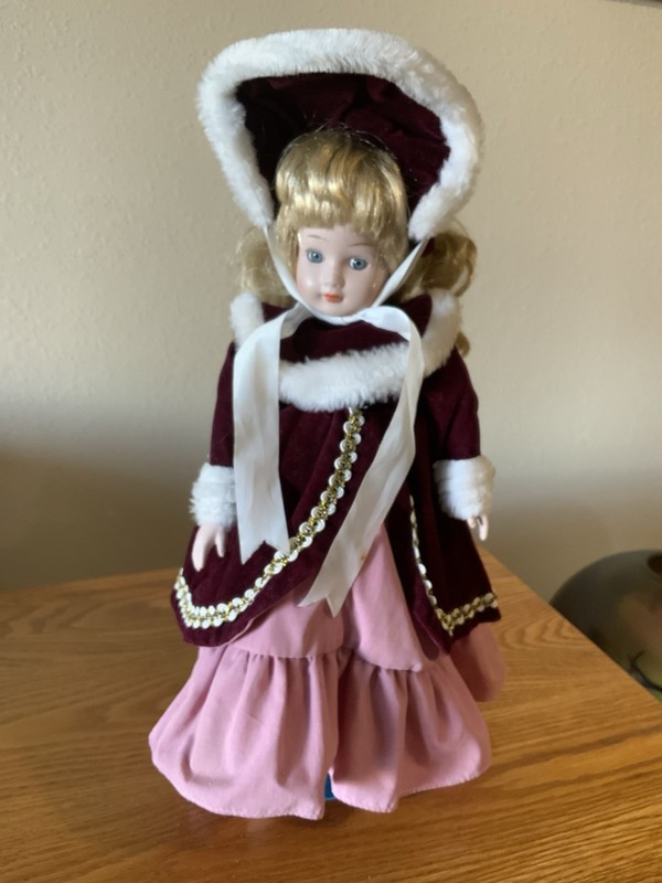 Victorian Porcelain Doll 16" Winter Burgundy Outfit
