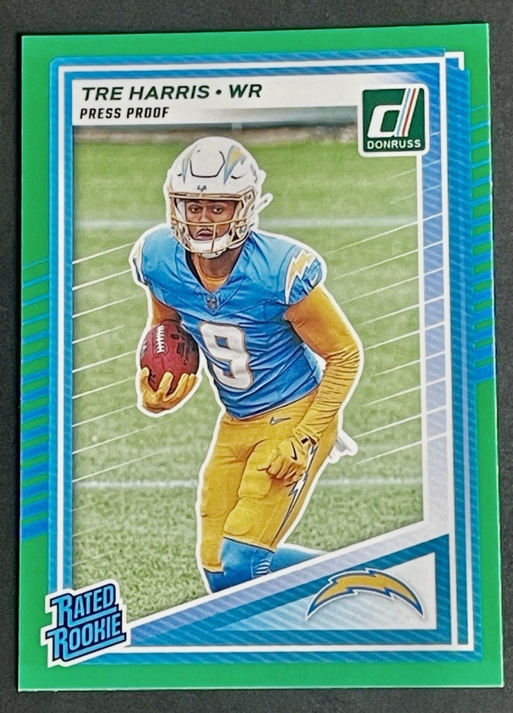 2025 Panini Donruss Tre Harris Rated Rookie Green Press Proof RC #329 Chargers