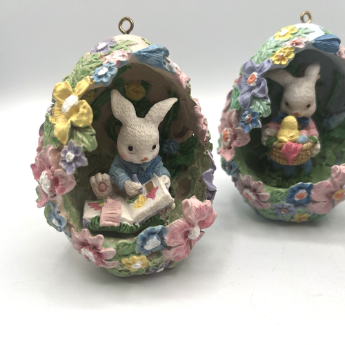 Vintage Osterhase Ei Diorama Ornamente (3) Pastell Blumen Frühling Dekor 3,5" - Bild 2 von 8