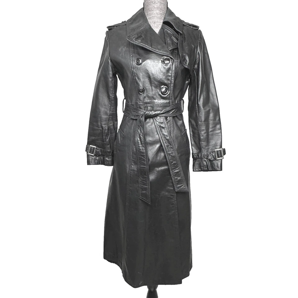 Trench coat feminino de couro genuíno 9 10 preto com cinto longo peito duplo - Imagem 2 de 4