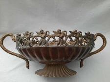 VTG Large Ornate Handled Metal Brass Centerpiece Bowl Planter W/ Cherub Border