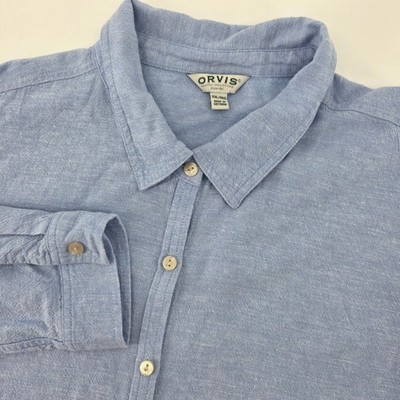 Orvis Classic Blue Linen Blend Button Up Roll Tabs Long Sleeve Shirt Women XXL